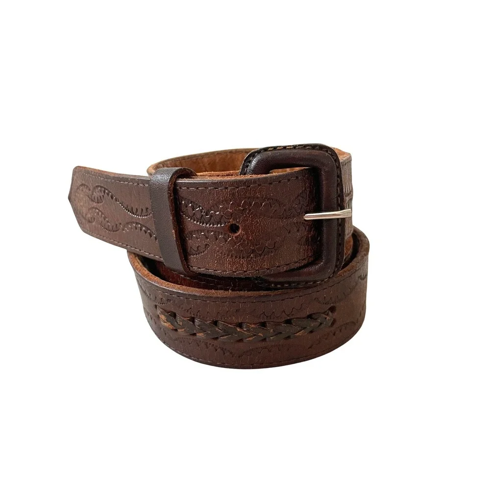 Vintage Brown Tooled Leather Belt Whipstitch Western Boho 32-36